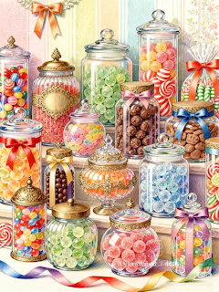 Colorful glass jars filled with assorted candies and wrapped sweets on a decorated table