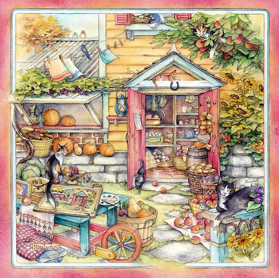 Illustrated garden shed with open doors showing shelves of pots, surrounded by cats, baskets, and autumn vegetables