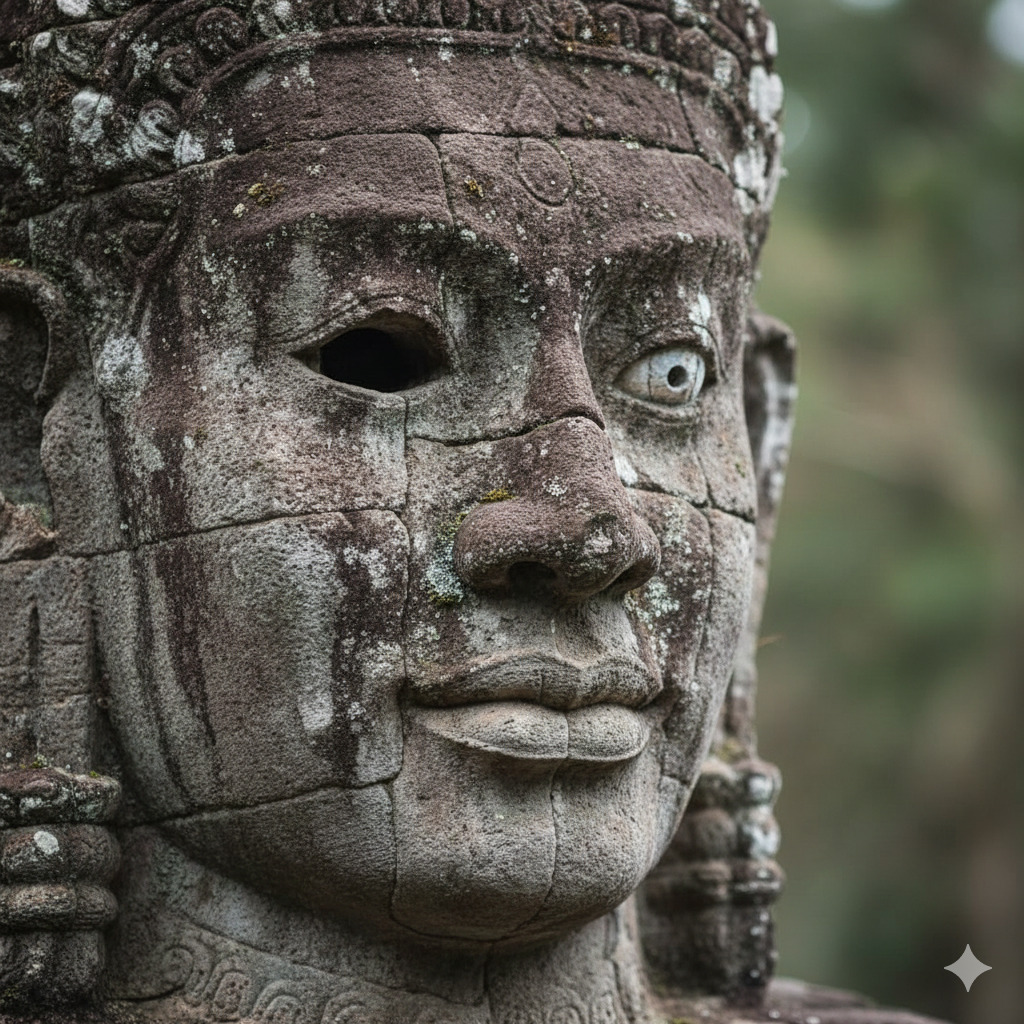 Close-up of an ancient weathered stone statue face with carved details