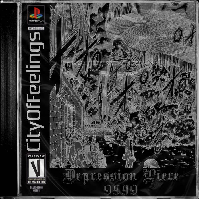 Black-and-white surreal cover art with abstract city imagery, small figures, and eye symbols