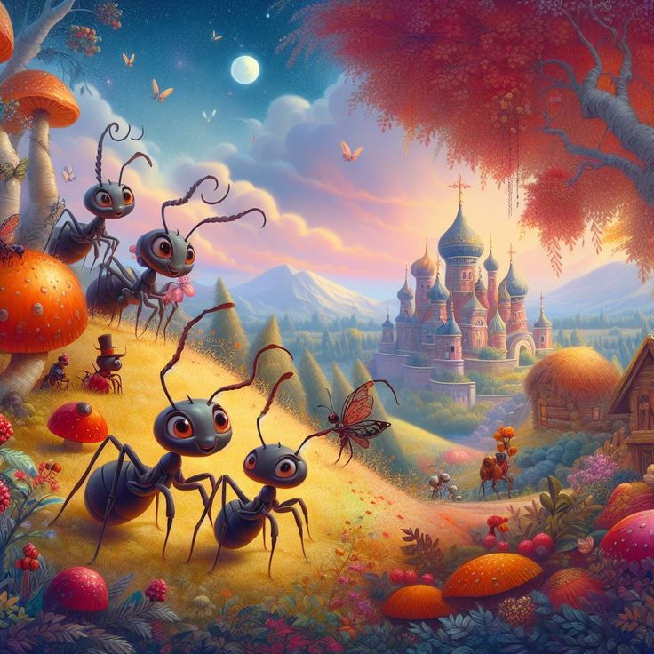 Cartoon ants in a colorful fantasy landscape with castle and glowing mushrooms