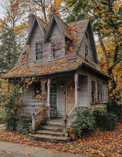 Old wooden house with porch and steep roof among autumn trees