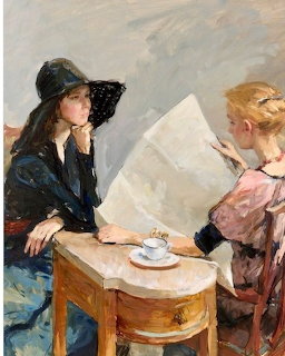 Painting of two women at a café table, one in a polka dot hat, the other reading a newspaper