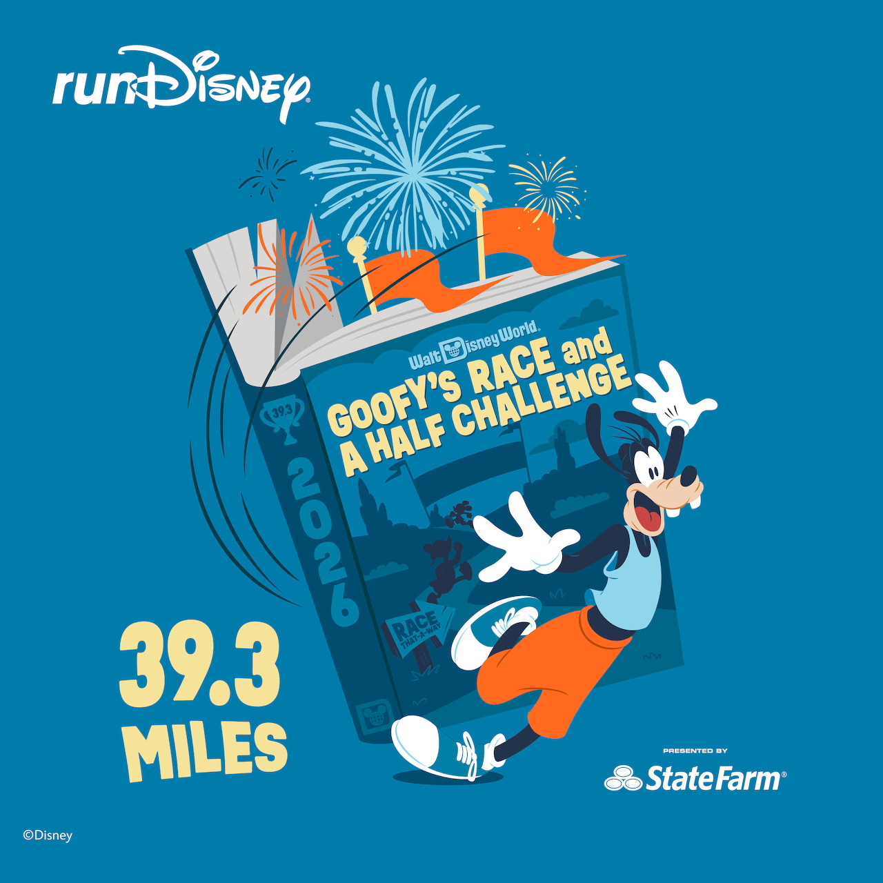 Goofy character running in orange shorts on blue poster with Disney castle, monorail, and fireworks above race medal design