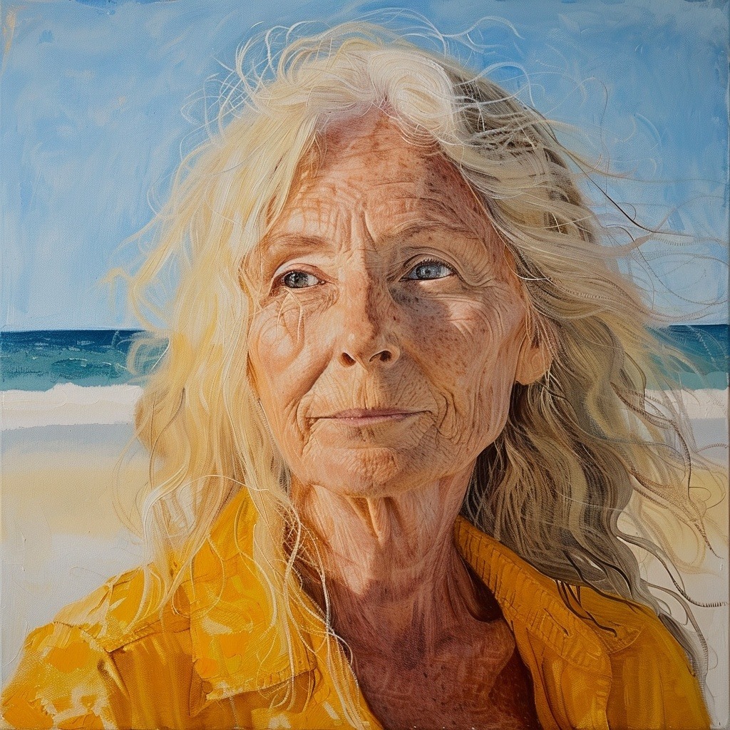Oil painting portrait of elderly woman with long white hair on beach wearing yellow jacket