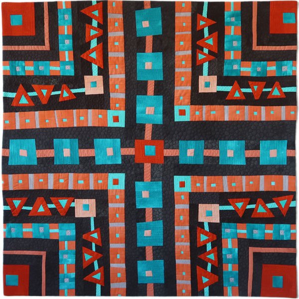 Symmetrical abstract geometric pattern in turquoise, red, brown, and black with squares and triangles