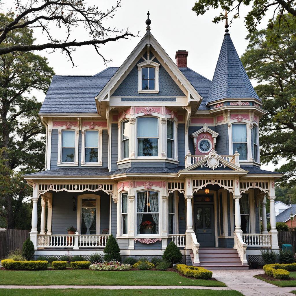 Victorian mansion with blue-gray siding, turret, and wraparound porch surrounded by trees
