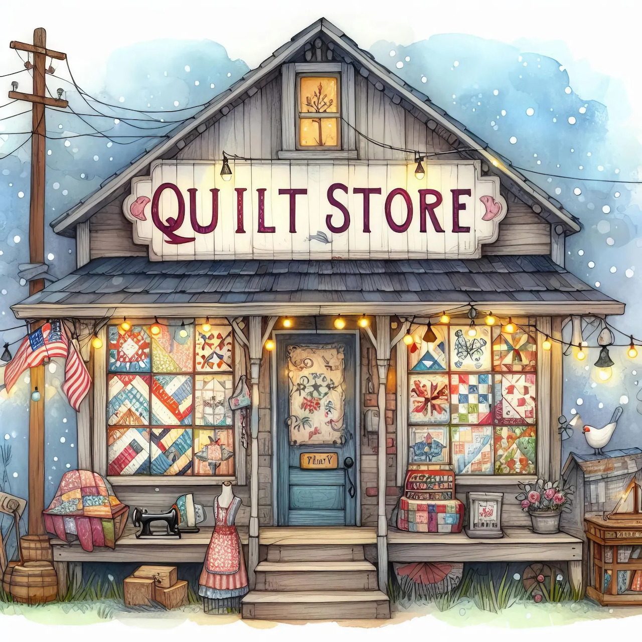 Illustrated quilt store with patchwork quilts in the windows and a rustic porch