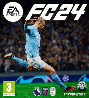 Soccer player in light blue uniform kicking a ball on a stadium pitch, game cover art