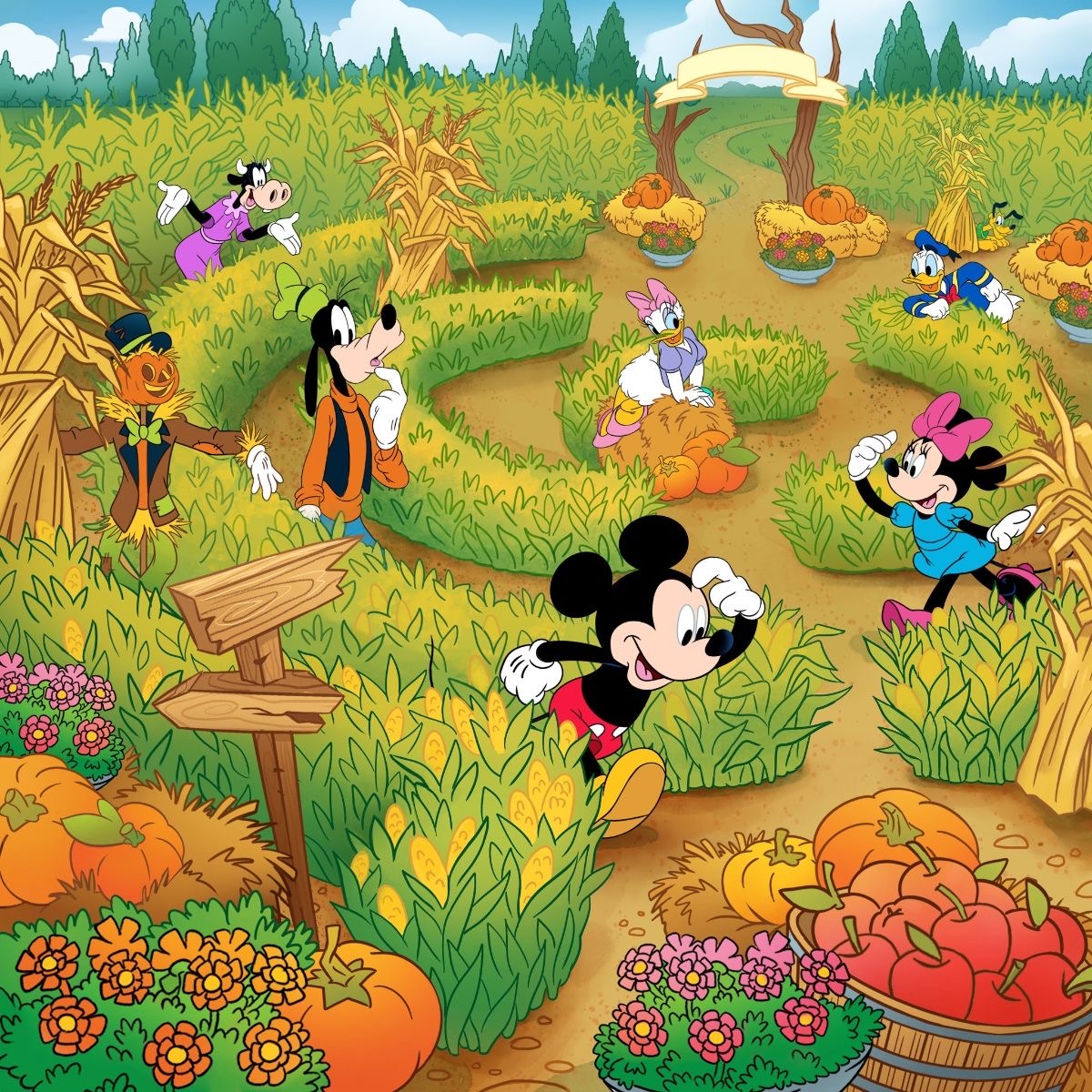 Mickey Mouse and Disney characters in a corn maze with pumpkins and vegetables
