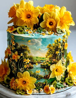 Decorated cake with landscape artwork and yellow daffodils on top and around the sides