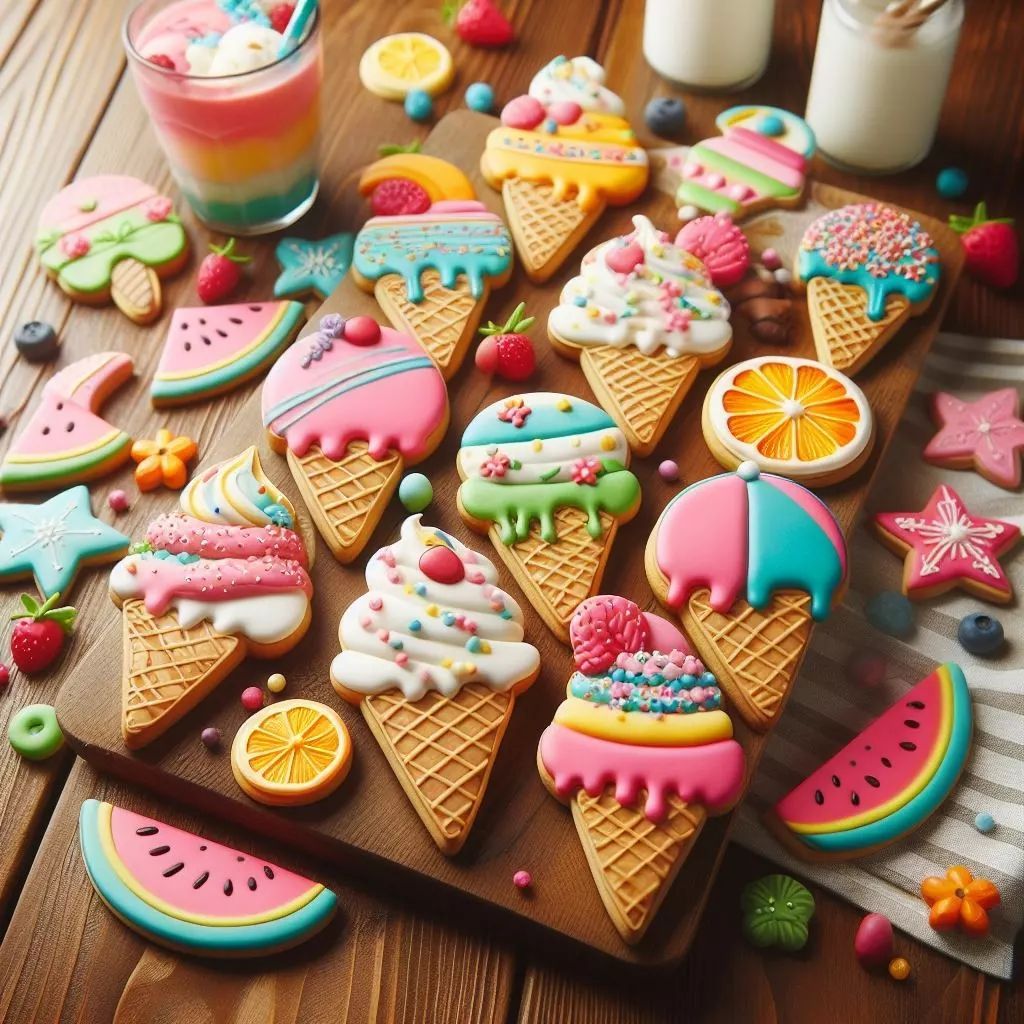 Assorted decorated sugar cookies in summer shapes including ice cream cones, watermelon, and fruit on wooden cutting board