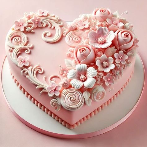 Heart-shaped pink cake with elaborate floral decorations and white flowers on top