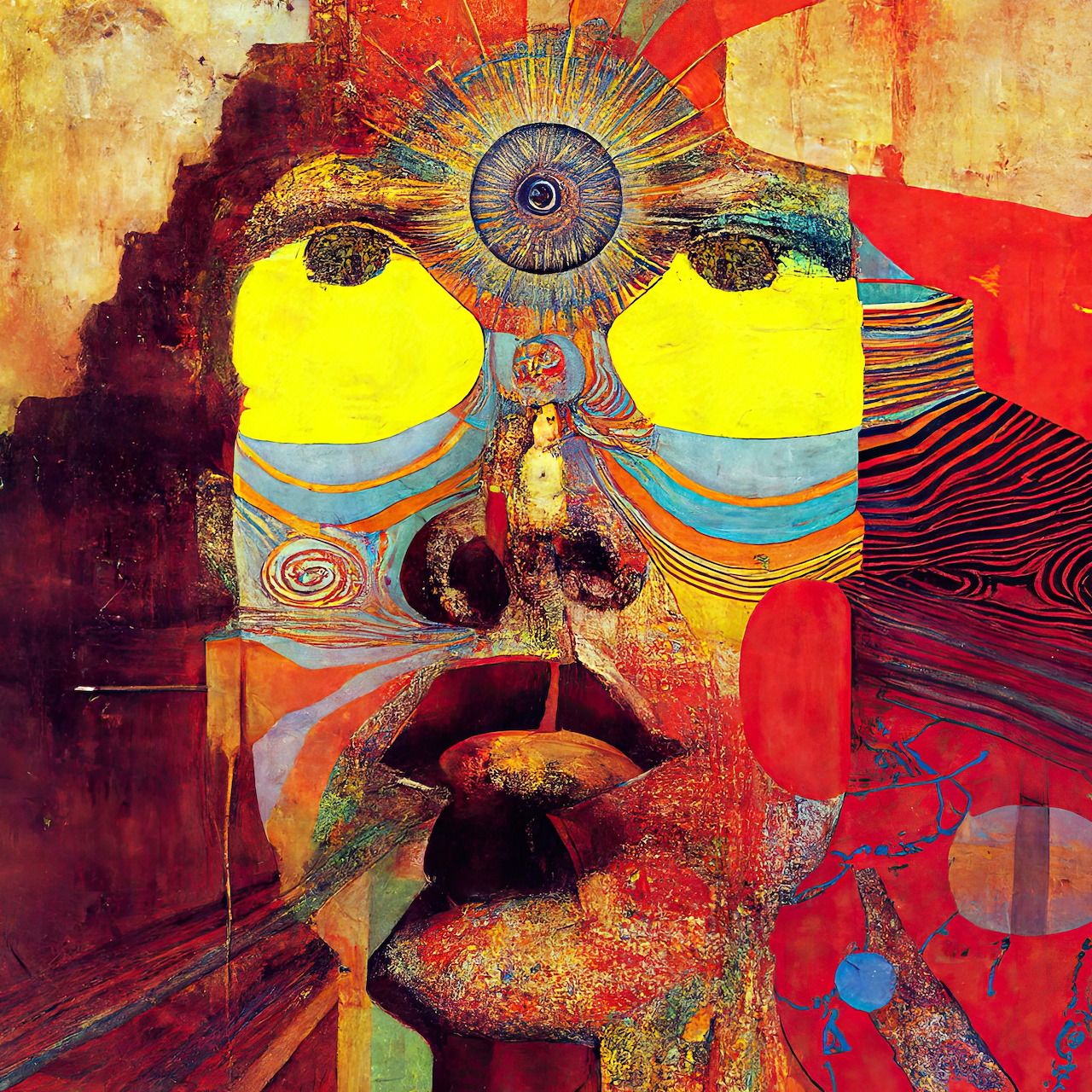 Abstract collage portrait with geometric shapes, bright yellow circles for eyes, and colorful textured layers