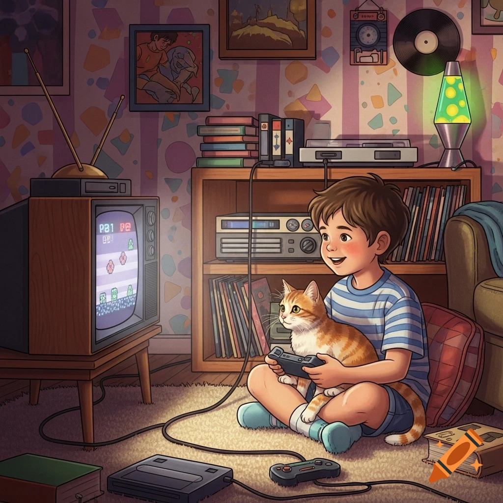 Boy and Cat Gaming