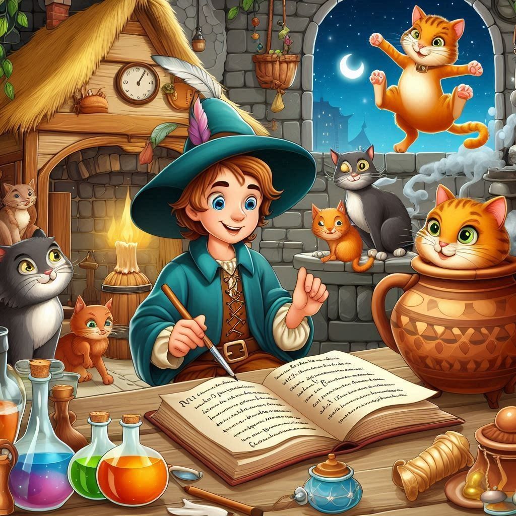 Young wizard with blue hat reading spellbook surrounded by cats and colorful potions in magical workshop
