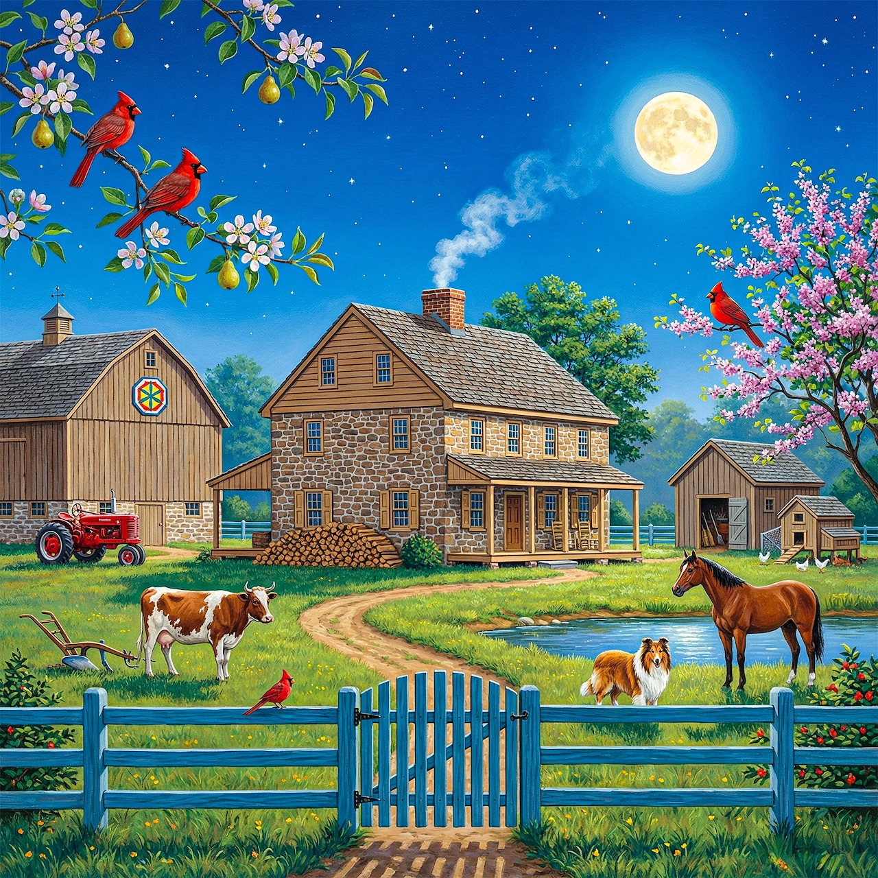 Farm scene with stone house, barn, animals, flowering trees, and full moon in night sky