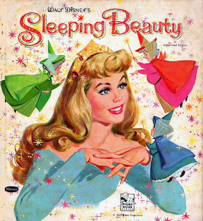 Vintage Disney Sleeping Beauty illustration with Princess Aurora and three fairies on a stary background