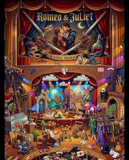 Cartoon theater illustration with Romeo and Juliet stage above and cluttered backstage workshop below
