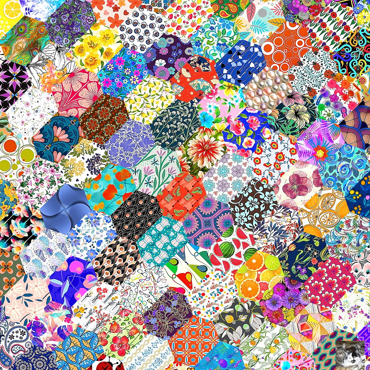 Colorful patchwork quilt with hundreds of different fabric patterns in various shapes and bright colors