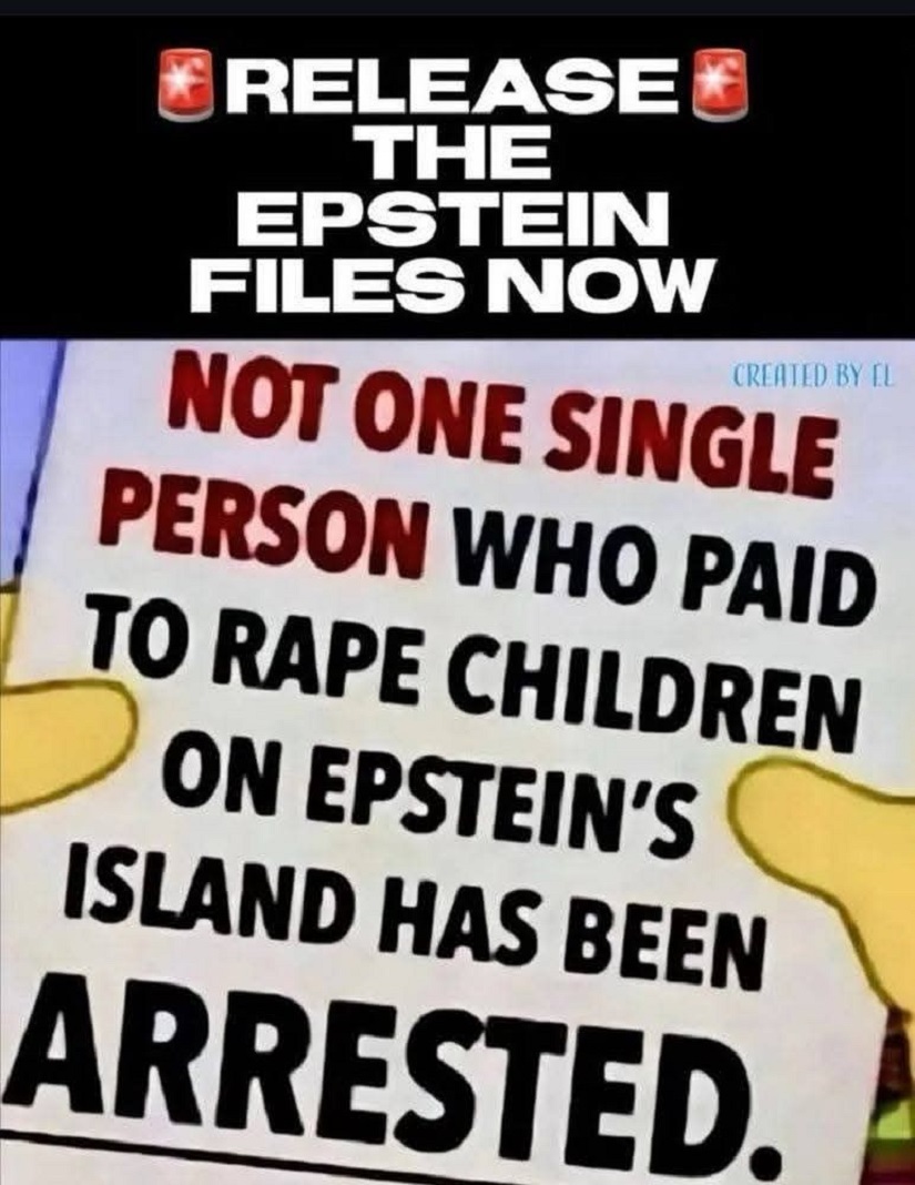 Protest sign with black text demanding arrests related to Epstein island crimes