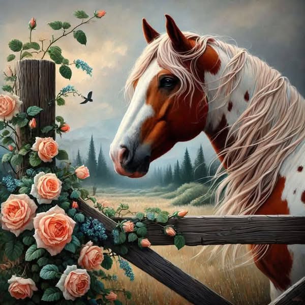 Horse with Peach Roses
