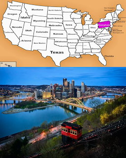 U.S. map highlighting Pennsylvania above a twilight Pittsburgh riverfront cityscape with an incline car