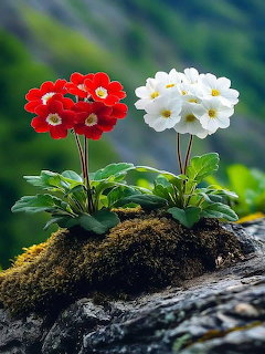 Red and white primrose flowers with green leaves growing on a mossy log against a blurred green background