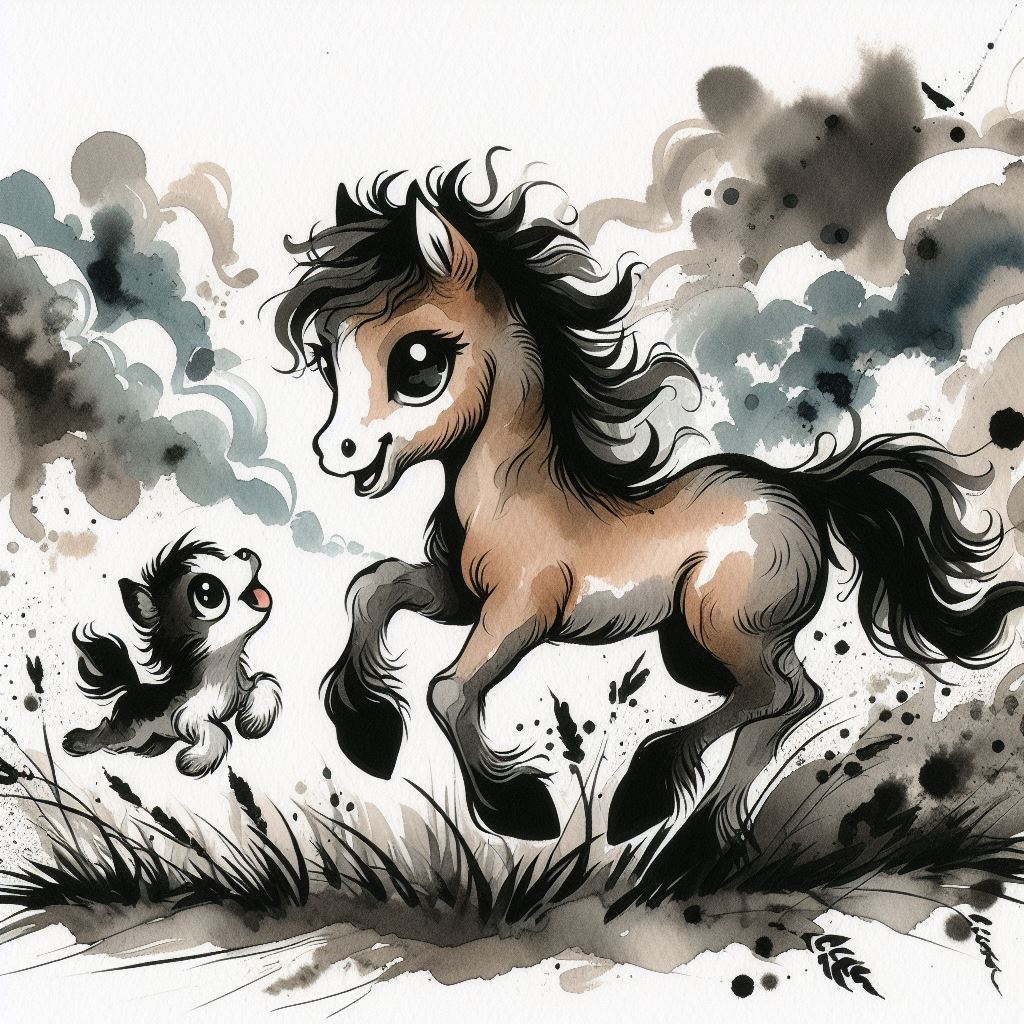 Two stylized horses with flowing black manes rendered in India ink painting style with watercolor washes