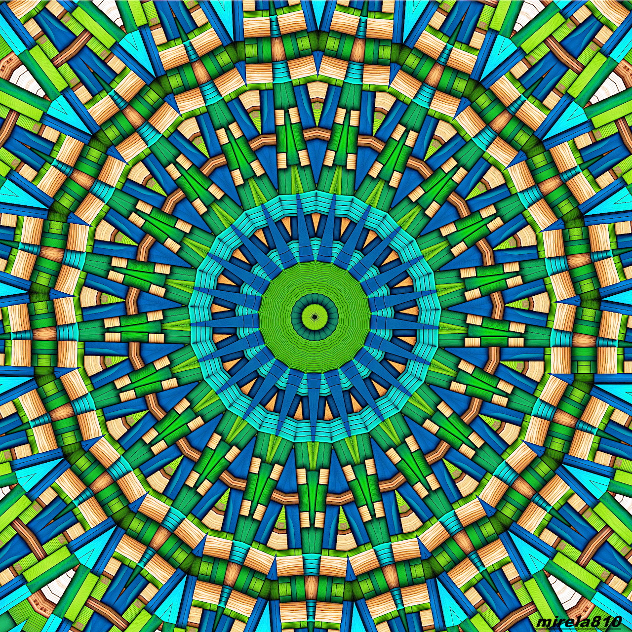 Colorful geometric mandala with radiating blue, green, and yellow mosaic pattern in concentric circles