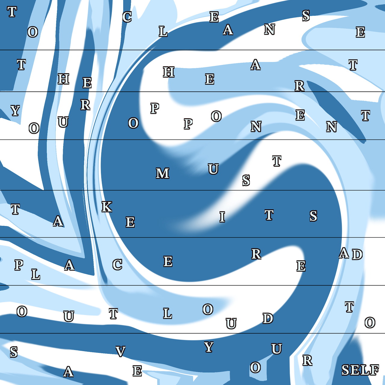 Abstract blue and white swirl pattern with scattered black letters