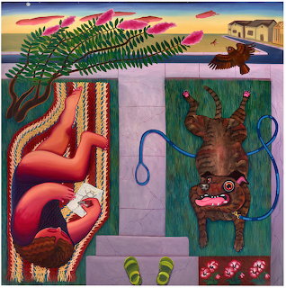 Surreal painting of a woman reading on a rug beside an upside-down dog in a colorful interior