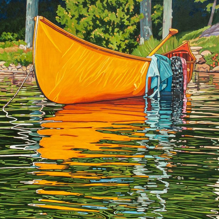 Painting of an orange boat tied near shore with colorful reflections rippling across the water