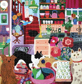 Illustrated collage of cats in colorful home interior scenes arranged in patchwork grid with fireplace, plants, and furniture