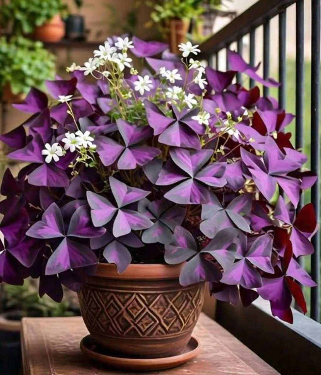 Pink oxalis flowers with clover-like green leaves in bloom