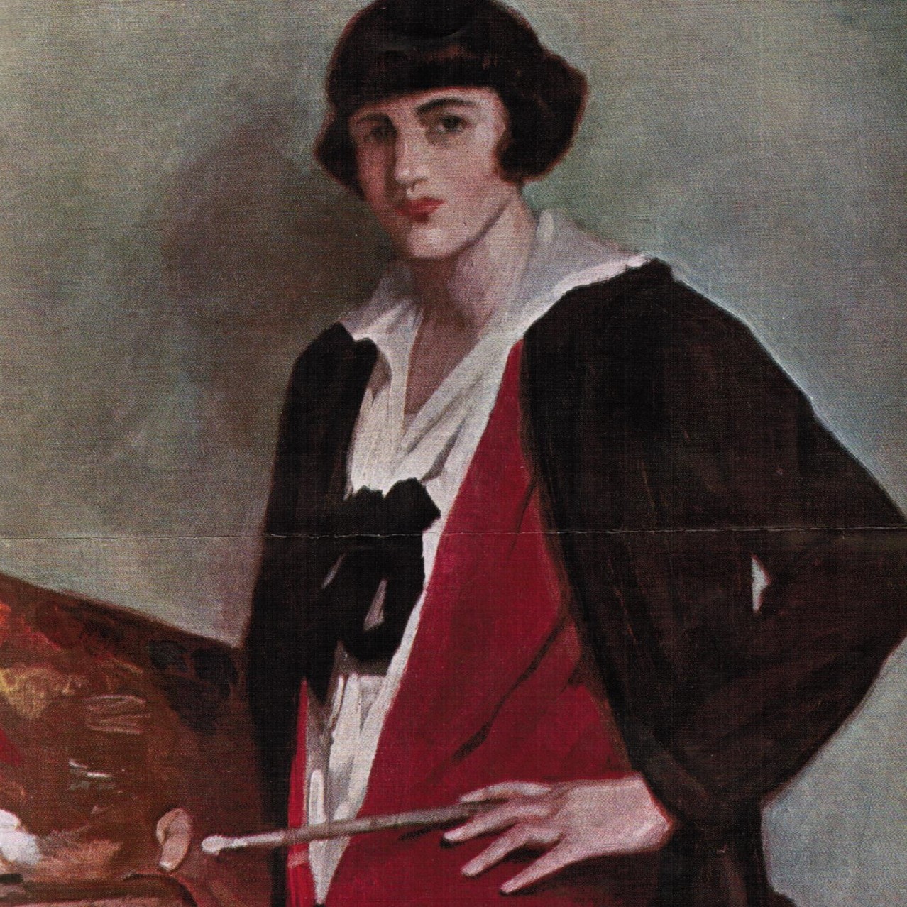 Painted self-portrait of a woman holding a paintbrush, wearing a red dress and dark jacket