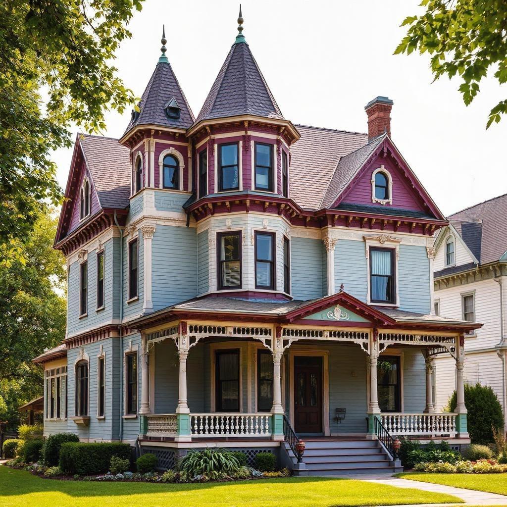 Three-story Victorian house with turrets, ornate porch, and green lawn surrounded by trees