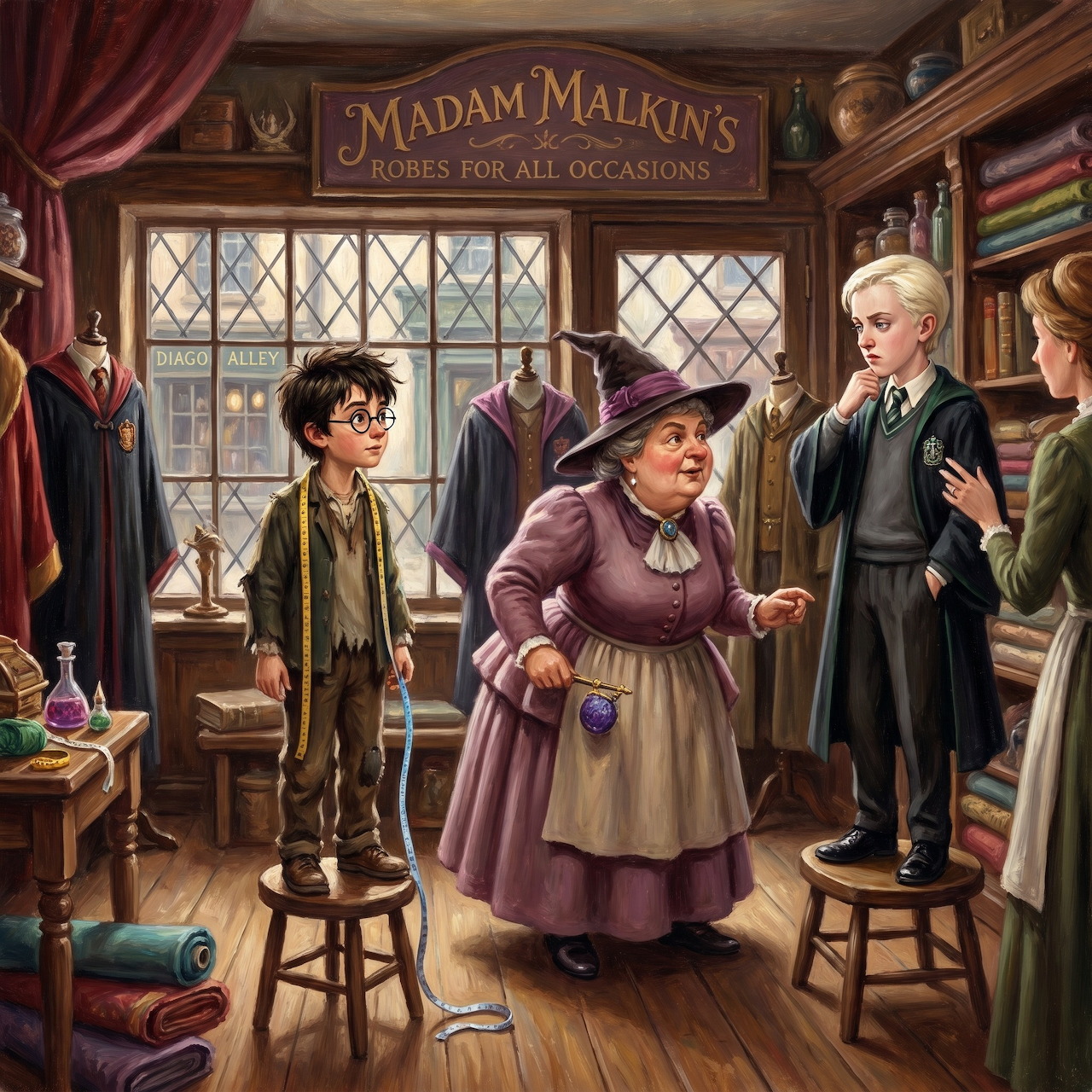 Illustration of Harry Potter and Draco Malfoy in Madame Malkin's robe shop with robes and shelves