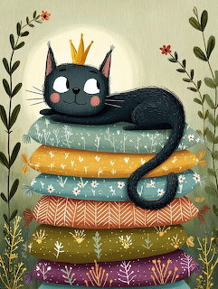 Black cat wearing crown lying on stack of colorful patterned cushions with plants