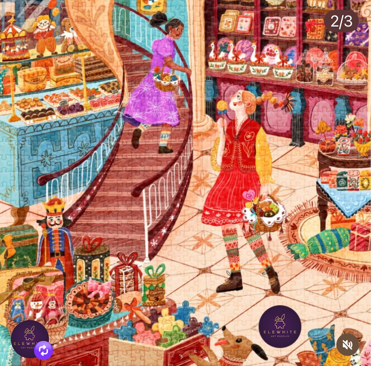 Illustration of a busy bakery interior with display cases, customers, and colorful baked goods