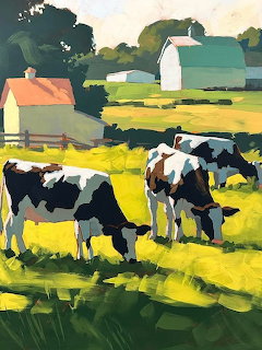 Black and white cows grazing in green pasture with farm buildings and trees behind them