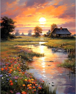 Painting of a sunset over a farmhouse and reflective stream with colorful wildflowers
