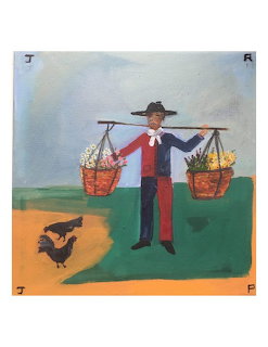 Folk art painting of a person carrying flower baskets on a pole with two black hens nearby