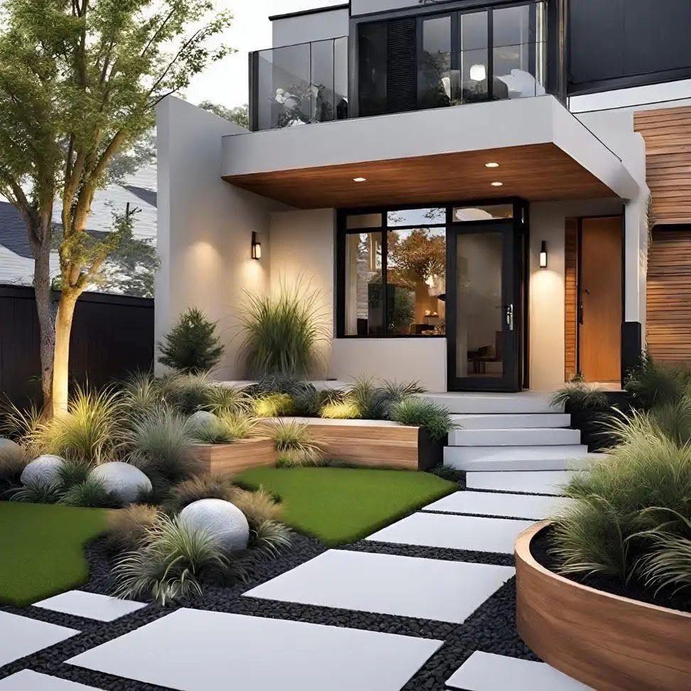 Modern two-story house with white stucco, wood siding, glass balcony, and manicured landscape