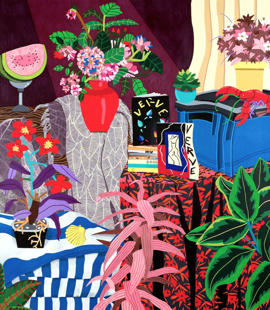 Colorful illustrated still life with flowers in vases, potted plants, and patterned objects on a burgundy background