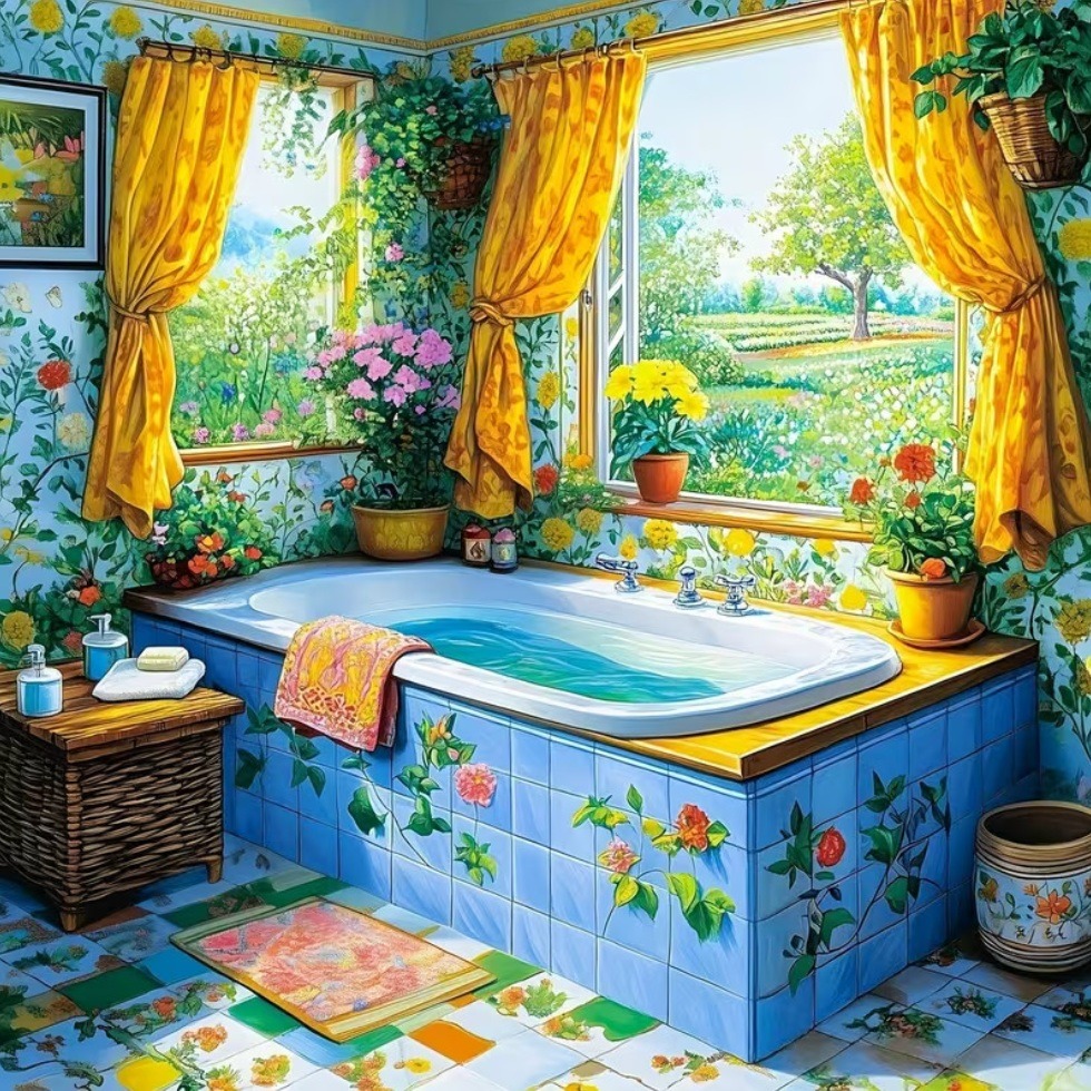 Sunlit floral bathroom with a tiled tub, yellow curtains, potted plants, and garden views through large windows