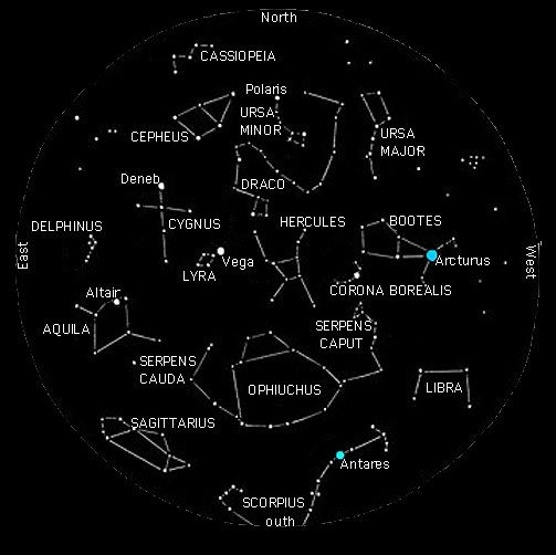 Circular star map of the northern hemisphere showing labeled constellations connected by white lines against a black sky