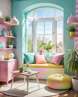 Colorful living room with turquoise walls, arched window, pink furniture, and pastel accents