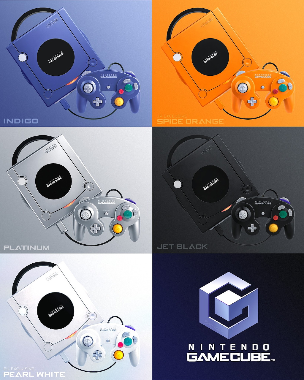 Grid of five Nintendo GameCube consoles in Indigo, Spice Orange, Platinum, Jet Black, and Pearl White color variants