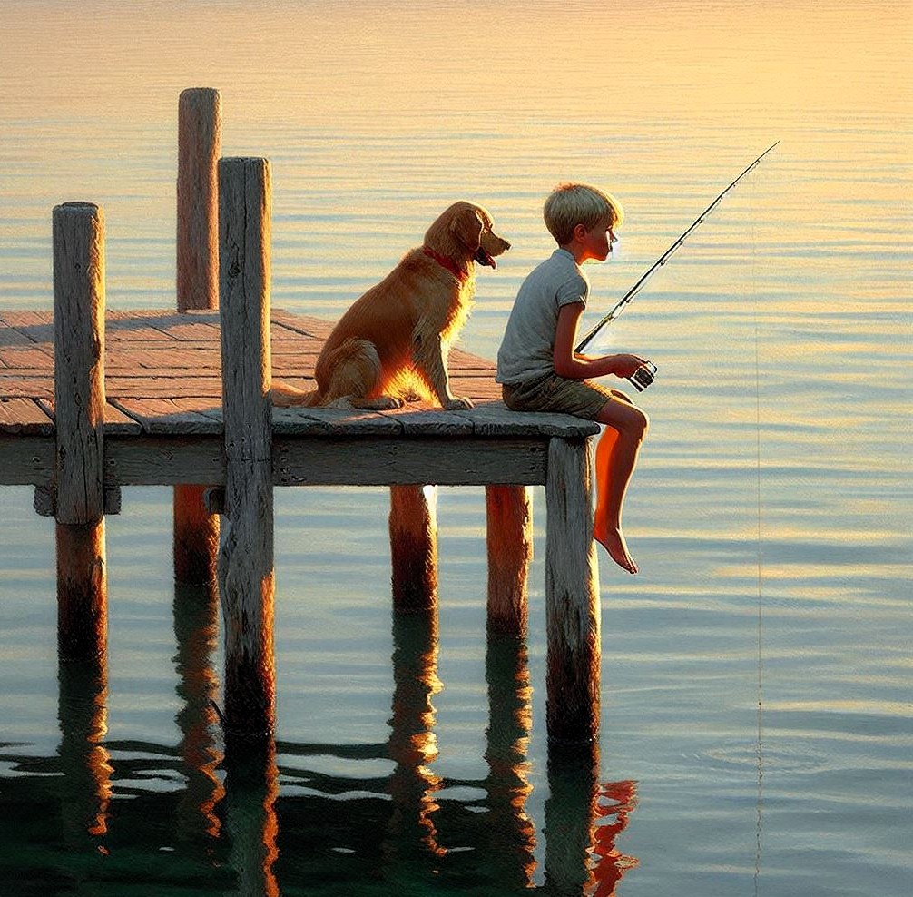 Boy sitting on dock fishing with dog at sunset, golden water reflections
